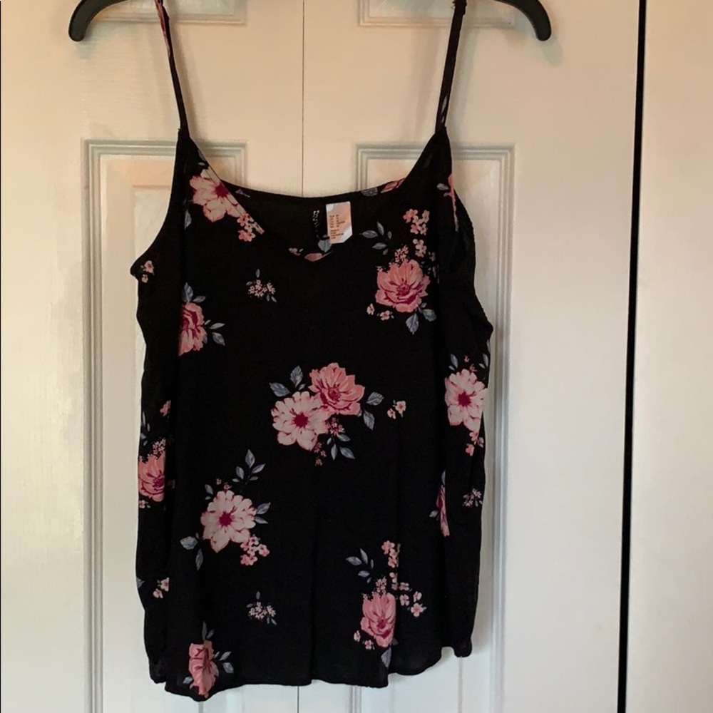 Ladies tank top black with pink and blue floral